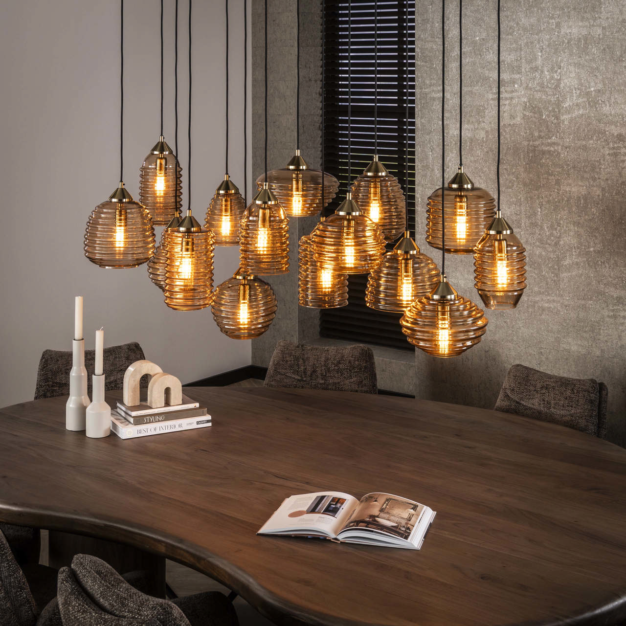 Hanglamp 5+5+5 rib glass